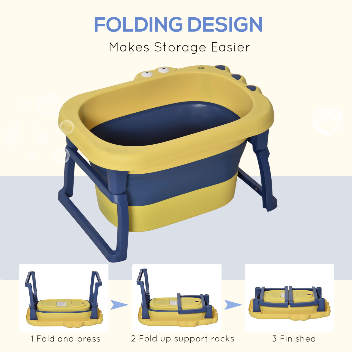 Yellow Foldable Baby Bathtub for newborns and toddlers by HOMCOM, featuring a stool for easy access and comfort.