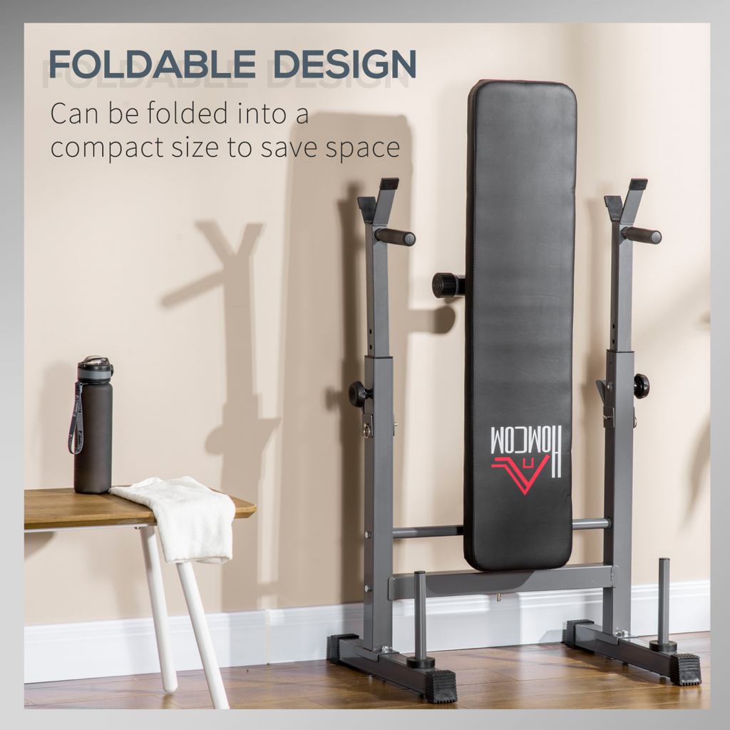 Adjustable foldable weight bench with barbell rack and dip station by ActiveGear, showcasing a sturdy design and versatility.