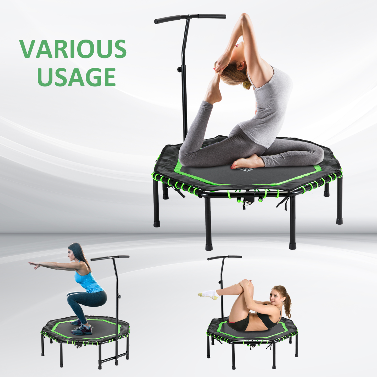 Green foldable trampoline with adjustable handle for adults and teens by HOMCOM, set up in a backyard environment.