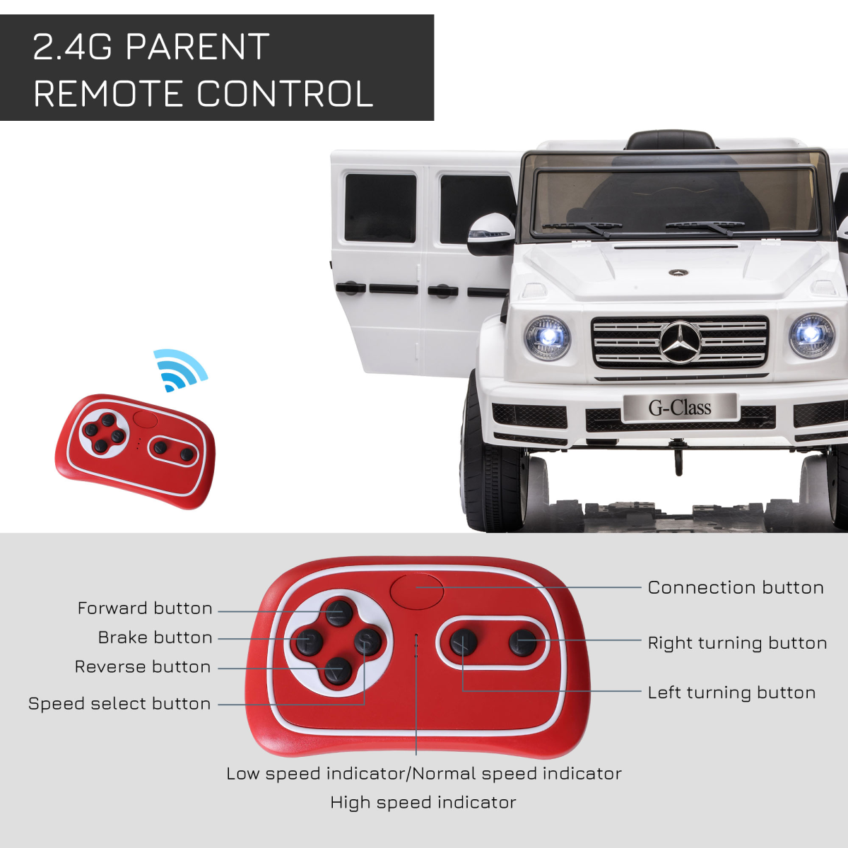 White Mercedes Benz G500 12V electric ride-on car for kids ages 3-8, featuring a remote control and sleek design.