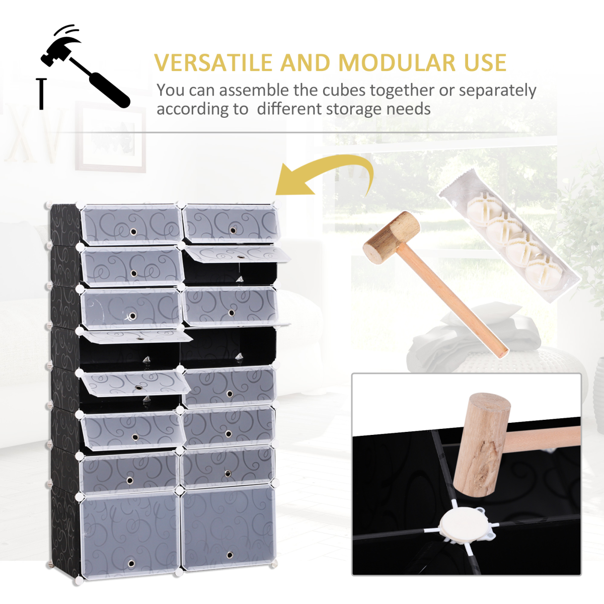 16-cube modular shoe rack in interlocking plastic design, showcasing 160cm height and organized shoe storage.