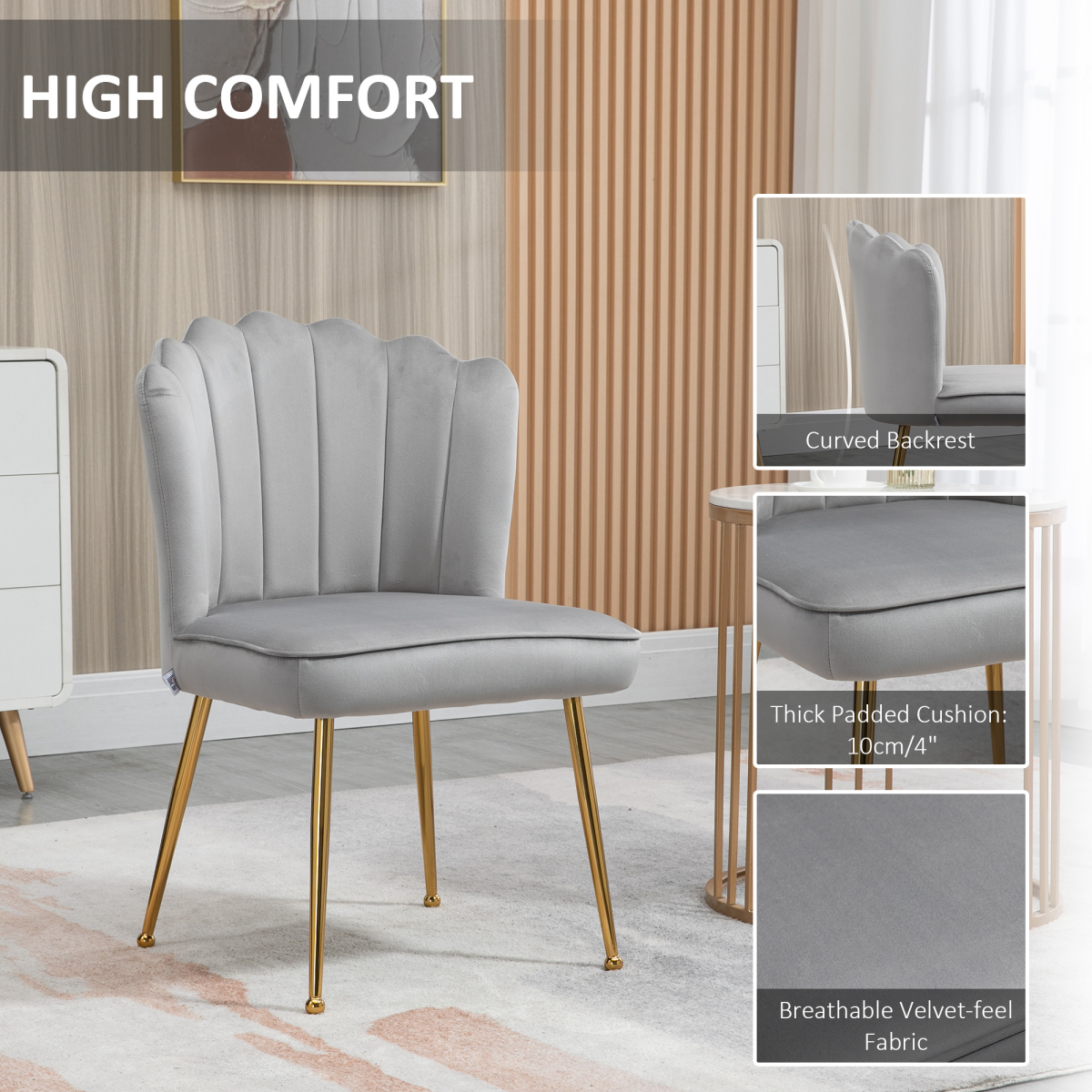 Grey velvet-feel shell luxe accent chair with metal legs for home bedroom lounge by Homcom.