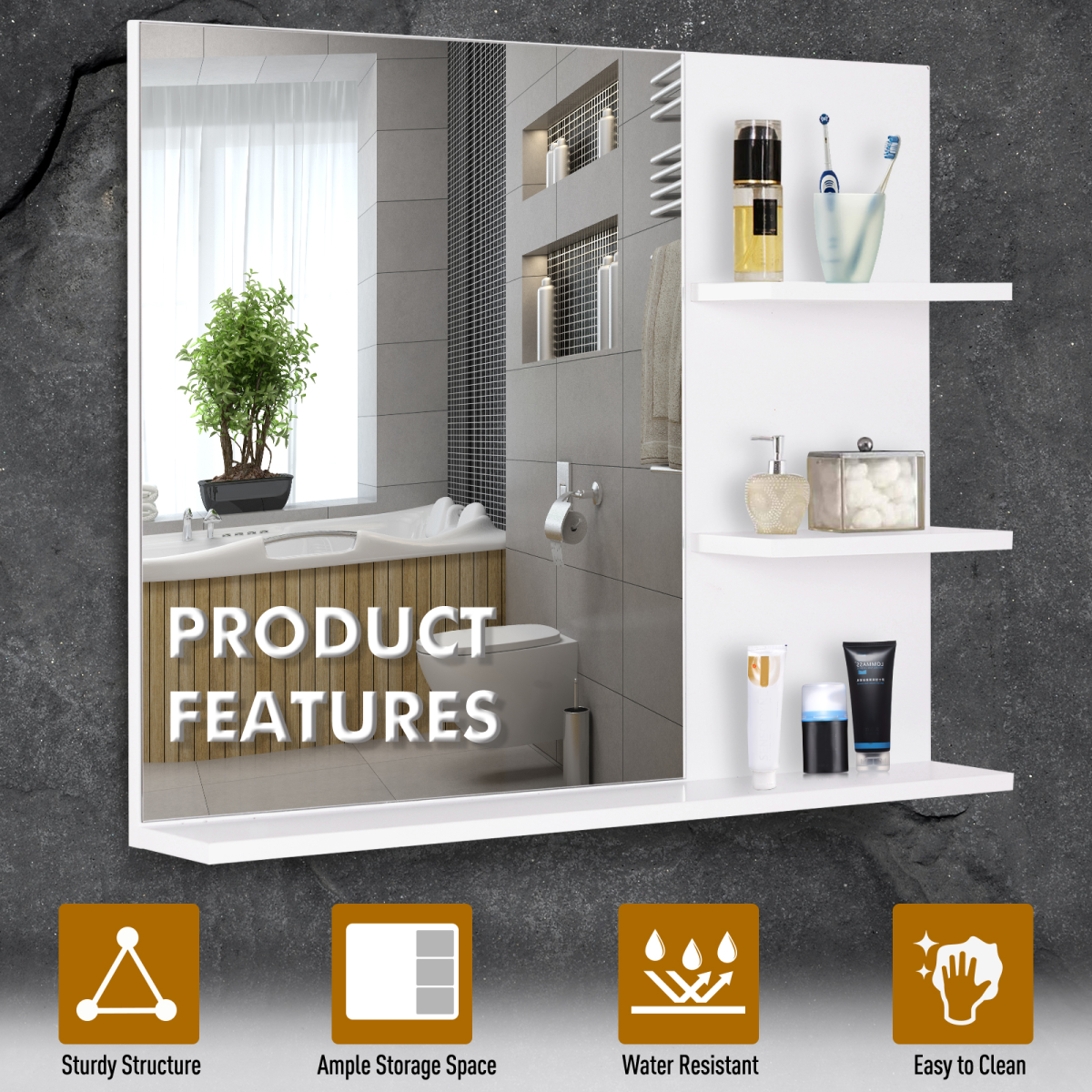 Modern Bathroom Wall Mounted Mirror with 3 Storage Open Shelves, White