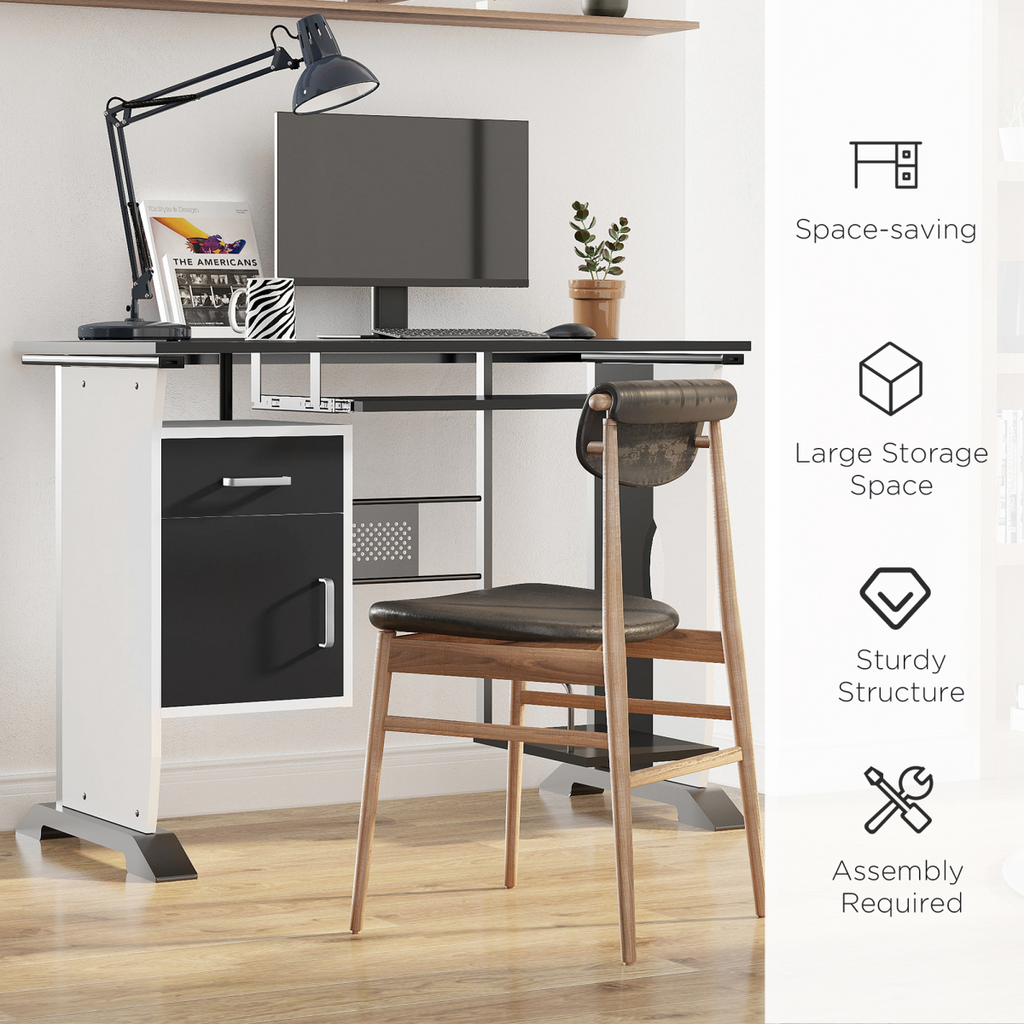 Black wooden workstation computer desk with keyboard shelf and drawers by HomeCraft.