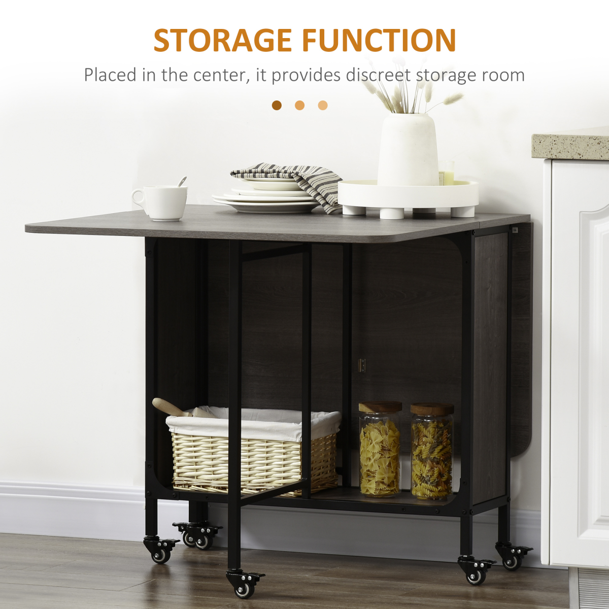HOMCOM mobile drop leaf extendable dining table with wheels, seating 6, showcasing a stylish and functional design.