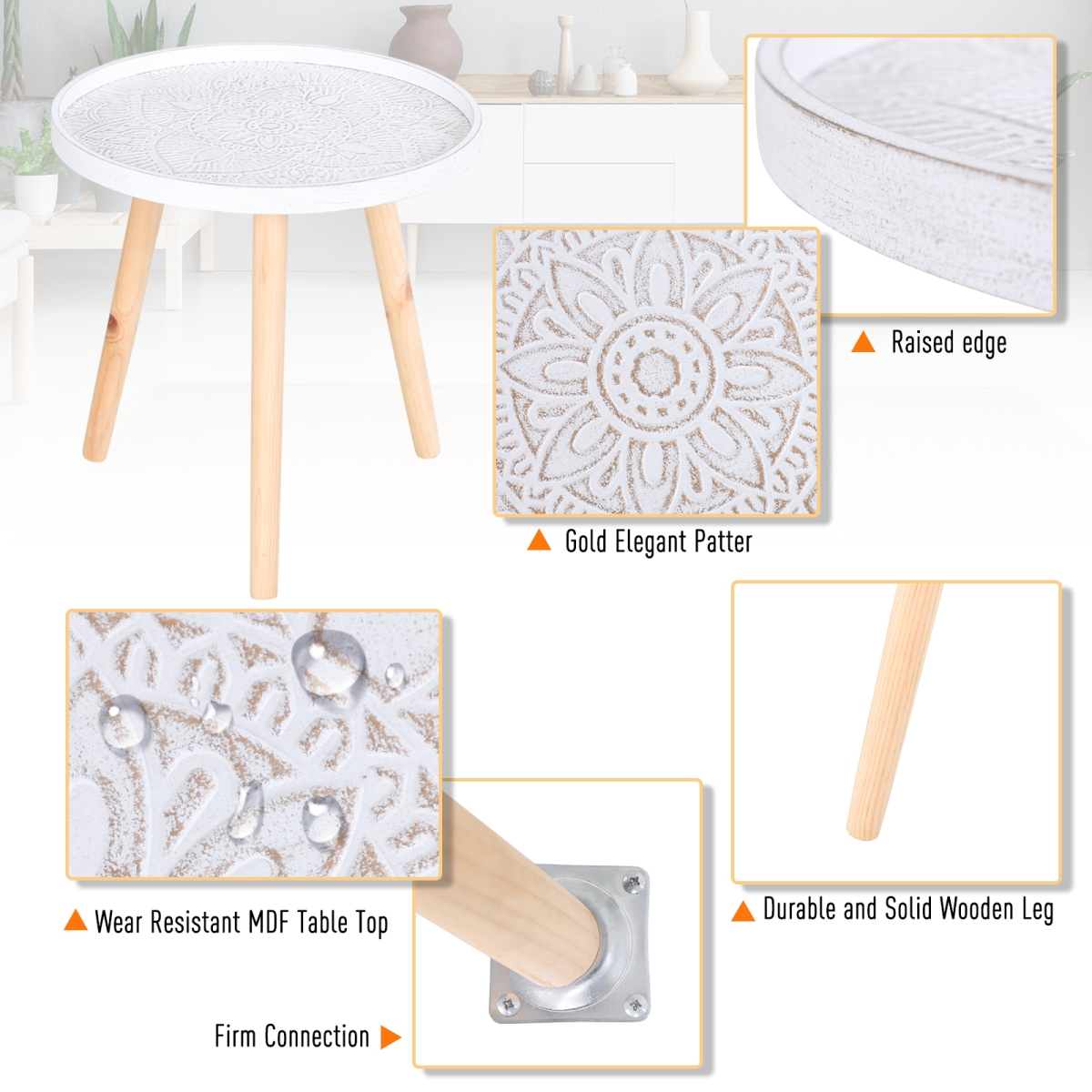 White Pine Wood Floral Etched Side Table with Saucer Top by HOMCOM, showcasing intricate floral designs and a sleek finish.