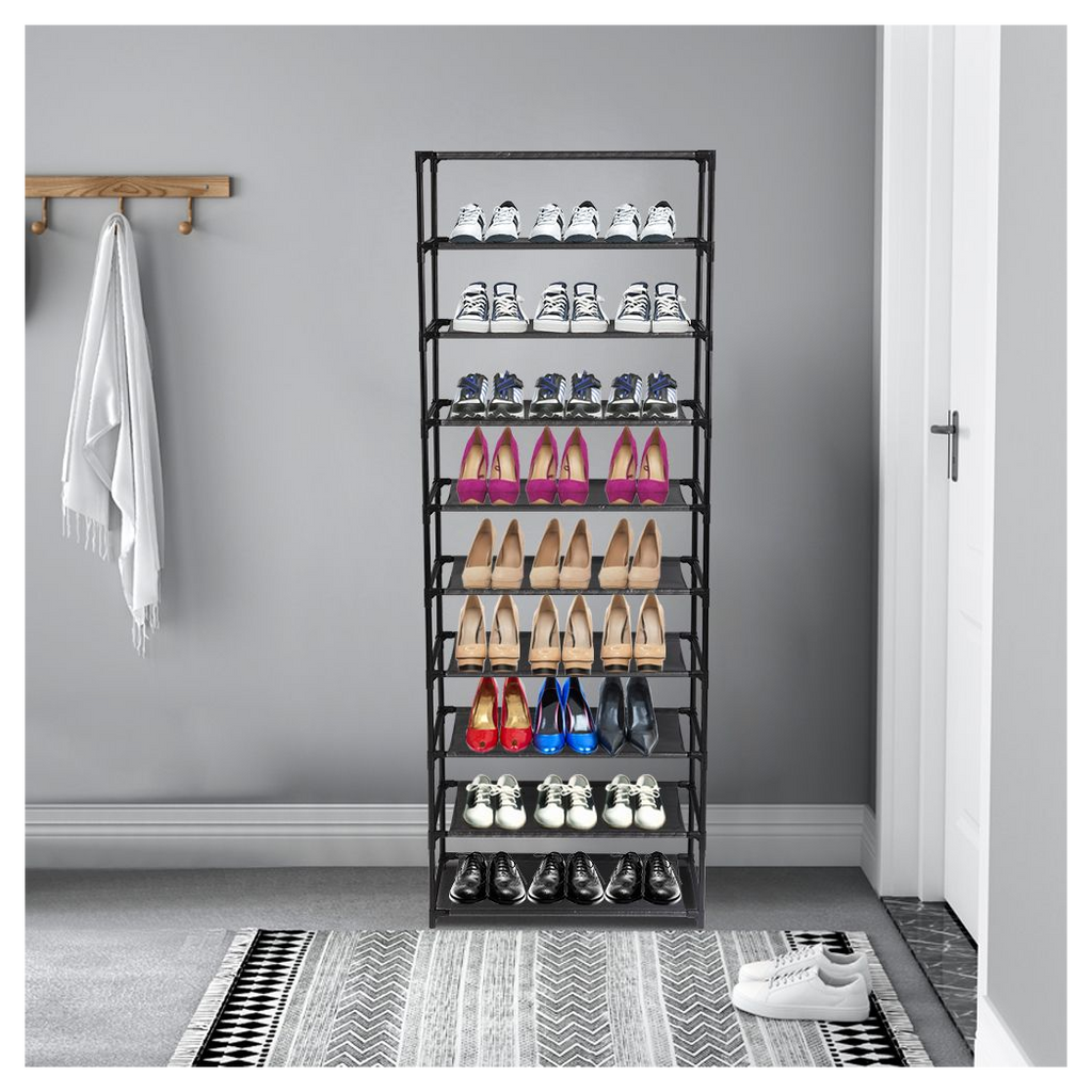10 Tier Stackable Shoe Rack - Stainless Steel Frame Holds 50 Pairs