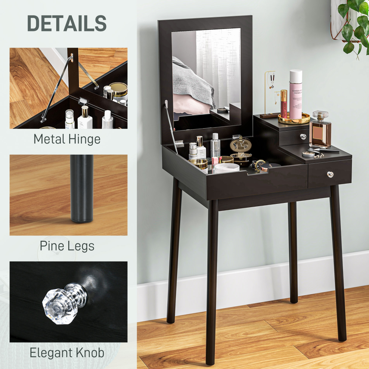 Black Dressing Table with Flip-Up Mirror & 2 Drawers - Space-Saving Vanity