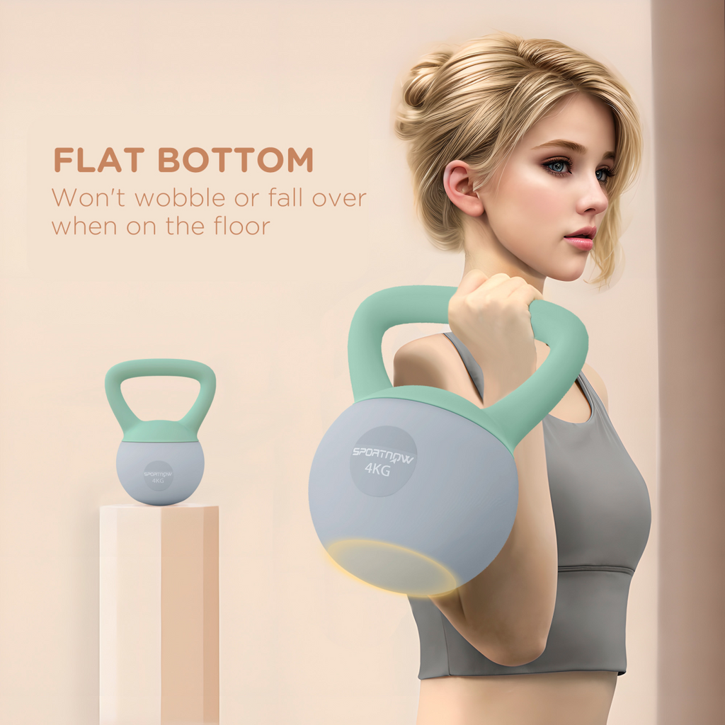 4KG SPORTNOW kettlebell with a soft body and non-slip handle in grey and green for effective workouts.