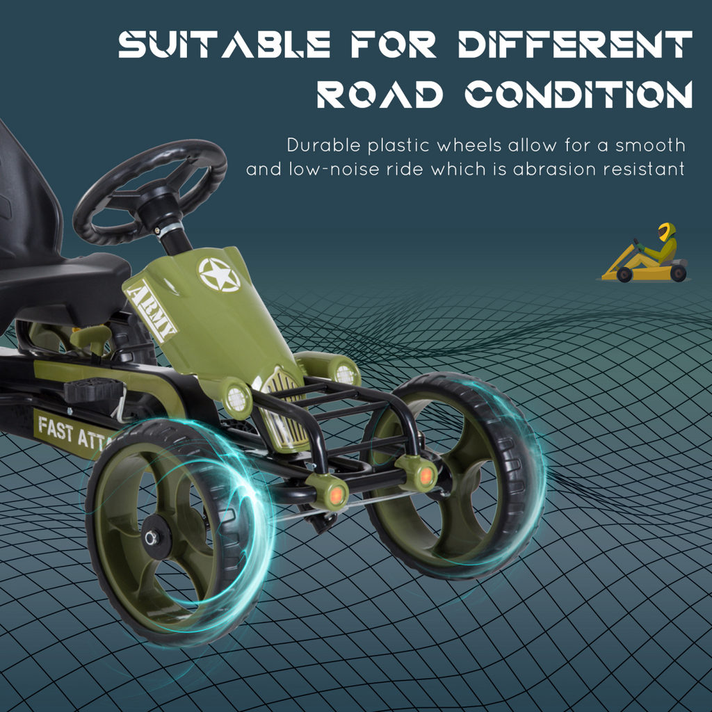 Green FunZone pedal go-kart with hand brake and adjustable seat, designed for ages 3-6 in a racing style.