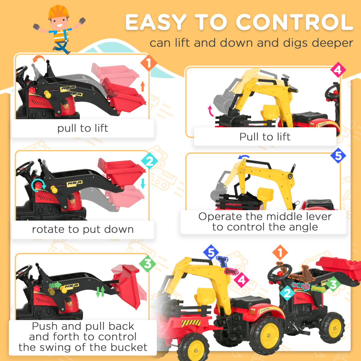 HOMCOM pedal-powered tractor ride-on car with moving bucket and steering wheel for kids aged 3-6 years.