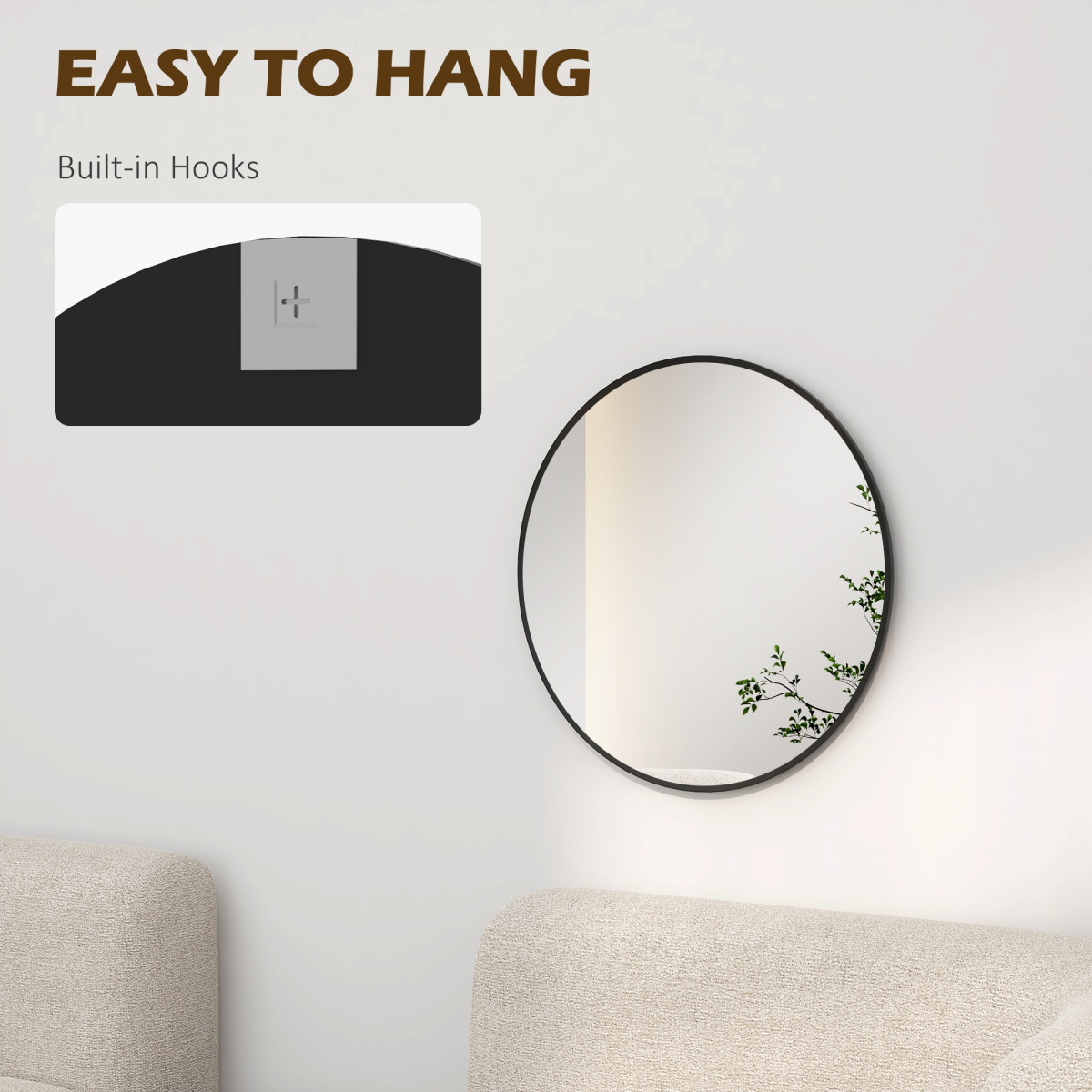 61cm Round Wall Mirror with Black Frame - Modern Circle Mirror for Any Room