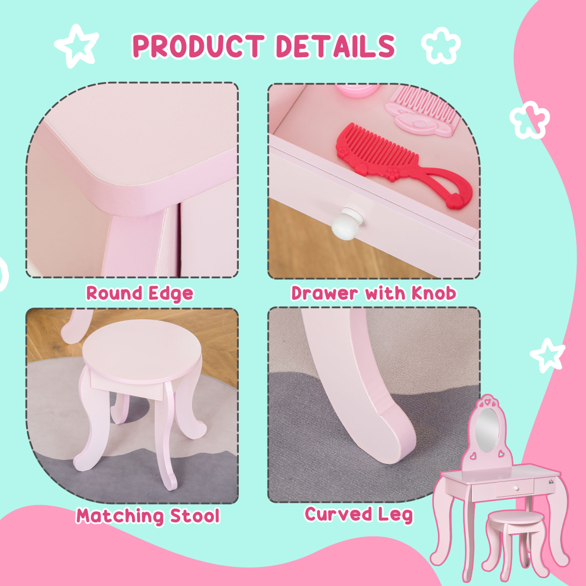 Kids Vanity Table & Stool Girls Dressing Set Make Up Desk with Mirror HOMCOM