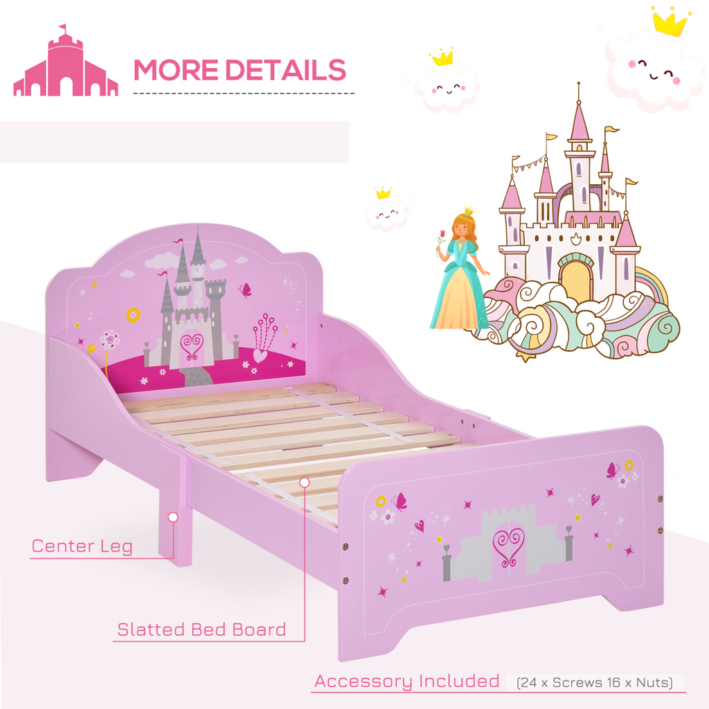 HOMCOM pink princess castle kids bed with side rails and slats for ages 3-6 years, featuring a whimsical design.