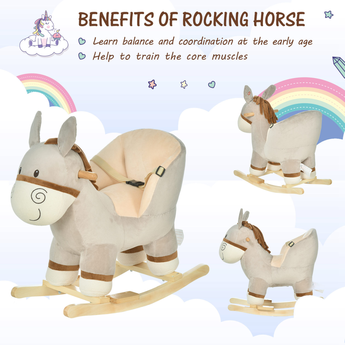 Kids rocking donkey plush ride-on toy with sound button and seat belt, designed for ages 18-36 months by FunZone.