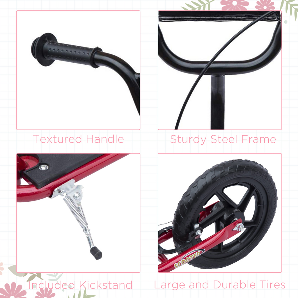 Teen stunt scooter with 12" EVA wheels, adjustable height, and red design, suitable for ages 5 and up.