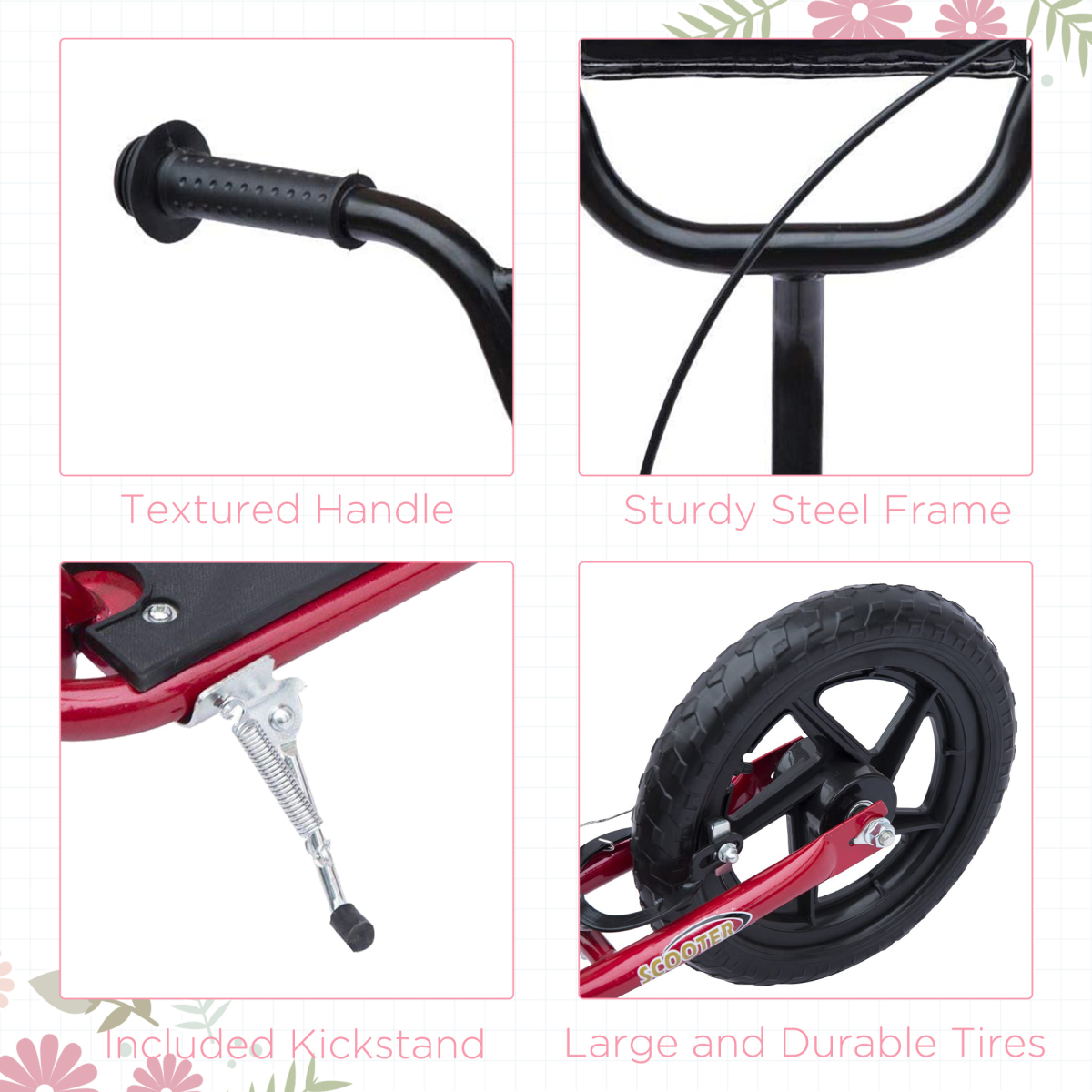 Teen stunt scooter with 12" EVA wheels, adjustable height, and red design, suitable for ages 5 and up.