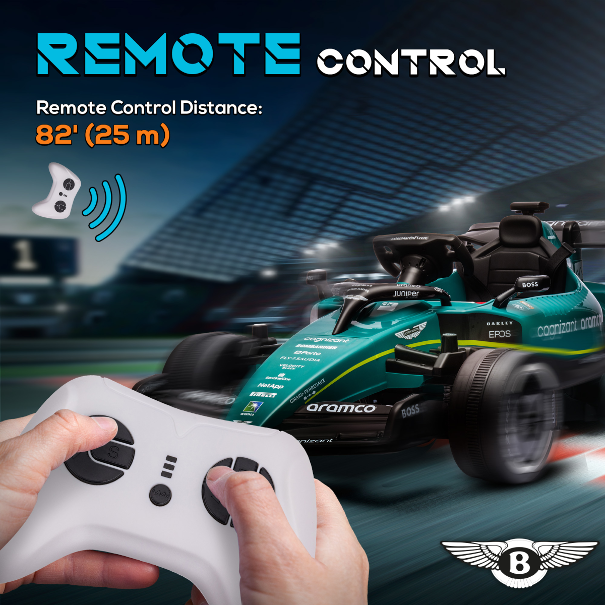AIYAPLAY 12V electric go kart with shock-absorbing wheels, remote control, and Bluetooth features in action.