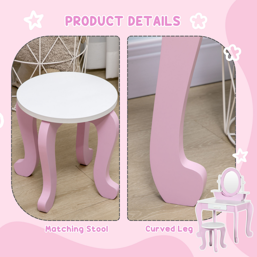 Pink Kids Dressing Table with Mirror and Stool by ZONEKIZ, featuring a drawer, designed for ages 3-6.