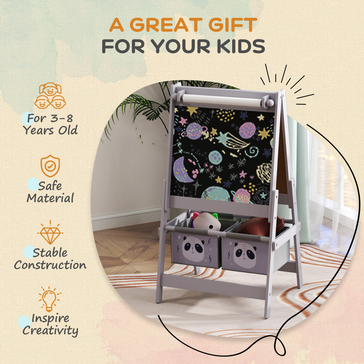 AIYAPLAY Kids Easel in grey featuring a paper roll, blackboard, whiteboard, and storage compartments for creative play.