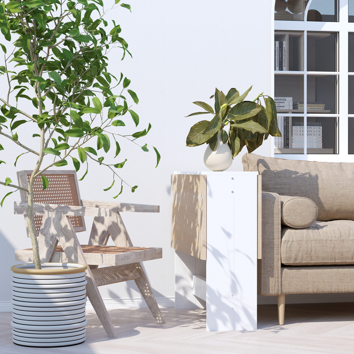 HOMCOM oak white drop leaf folding table seats 6, showcasing a space-saving, multifunctional design in a cozy setting.