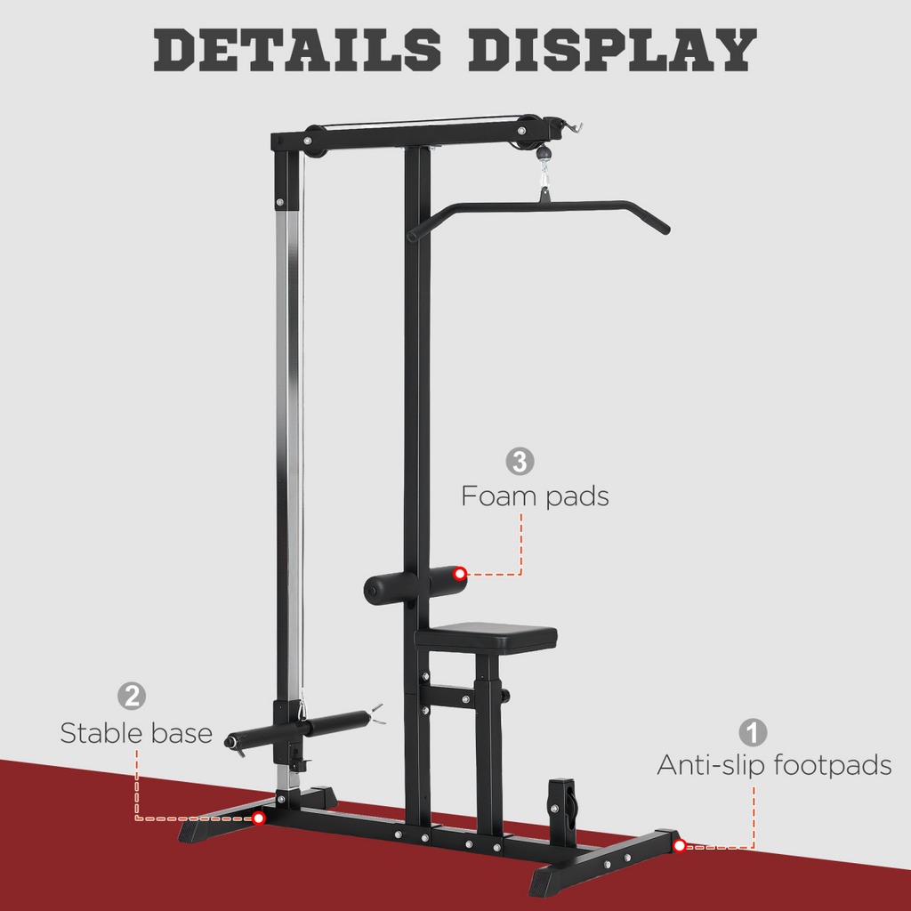 Exercise pulldown machine with adjustable seat and cables, designed for strength training by ActiveGear.