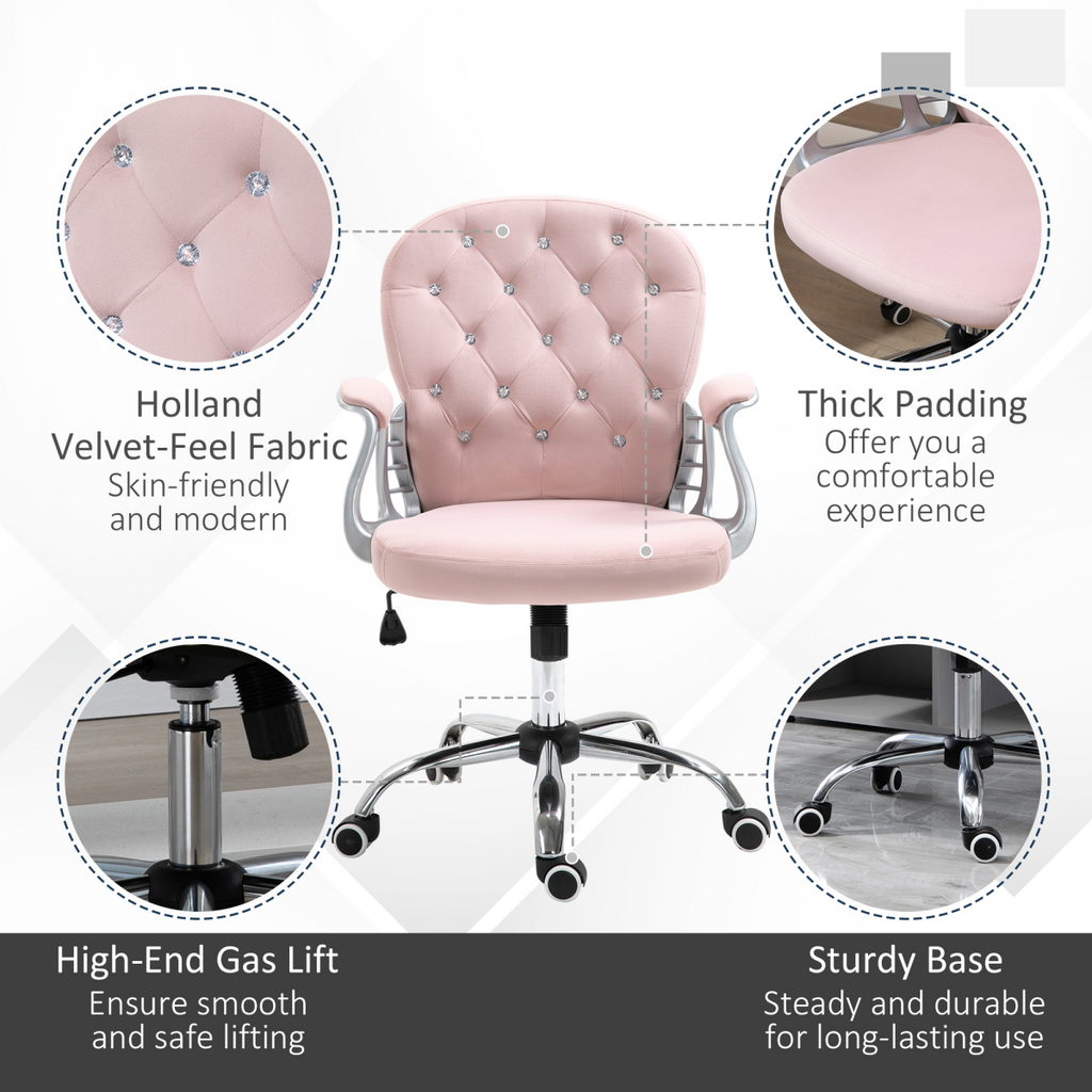 Pink luxury velour office chair with diamond tufting, padded ergonomic design, and 360° swivel feature.
