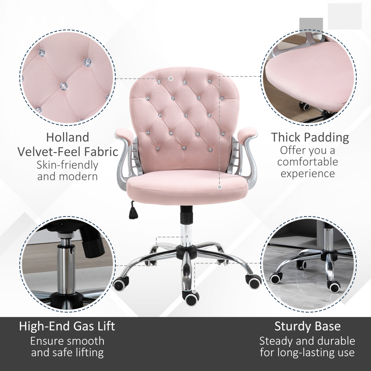Pink luxury velour office chair with diamond tufting, padded ergonomic design, and 360° swivel feature.