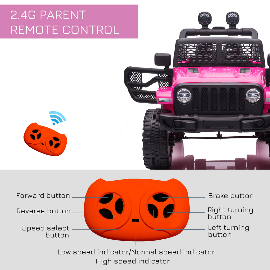 Pink 12V Kids Electric Ride-On Truck by FunZone, off-road SUV design, suitable for ages 3-6, with remote control feature.
