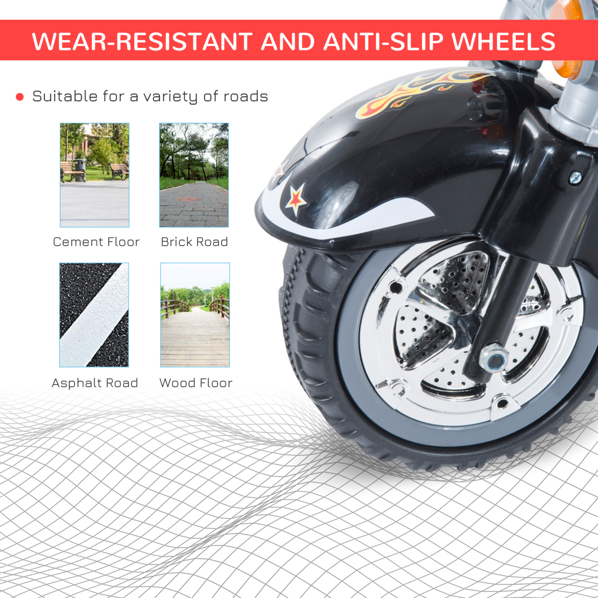 Black 6V FunZone electric motorbike for kids, 3-wheel design with lights and sound, suitable for ages 3-6.