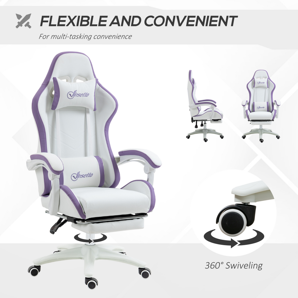 Vinsetto purple racing style gaming chair with reclining feature and footrest, upholstered in faux leather.