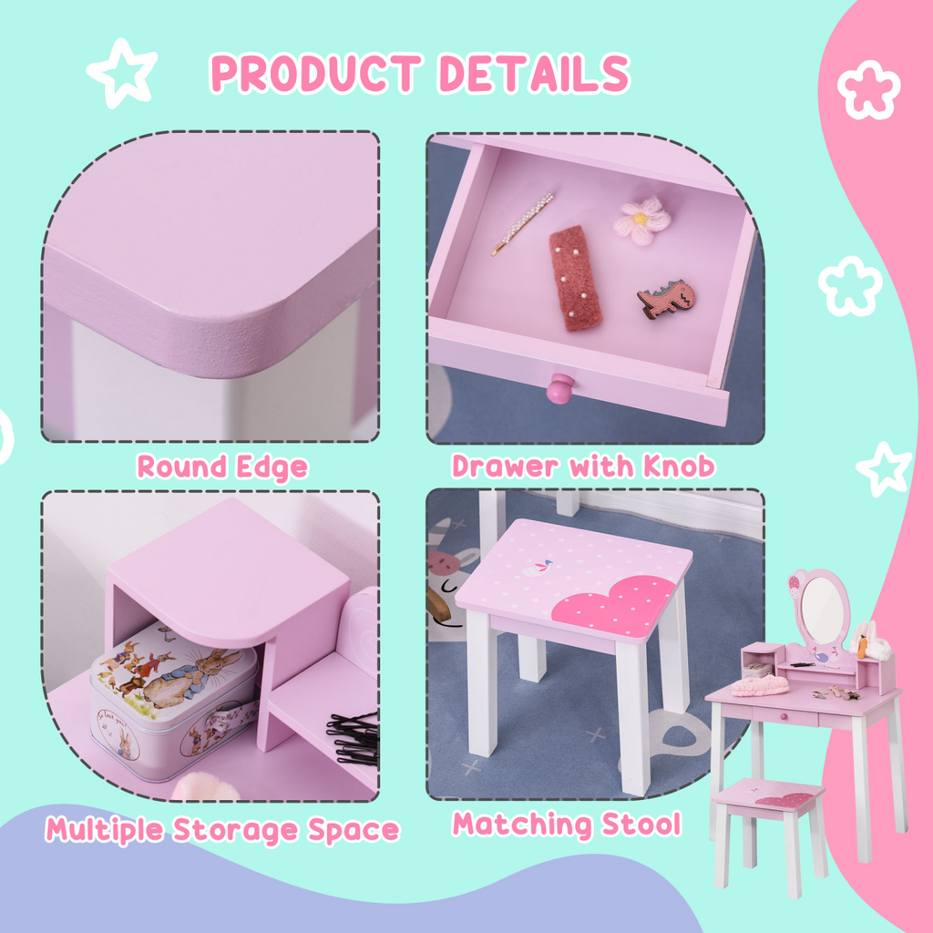 Kids dressing table and stool set in pink with cartoon patterns, featuring a mirror and storage compartments.