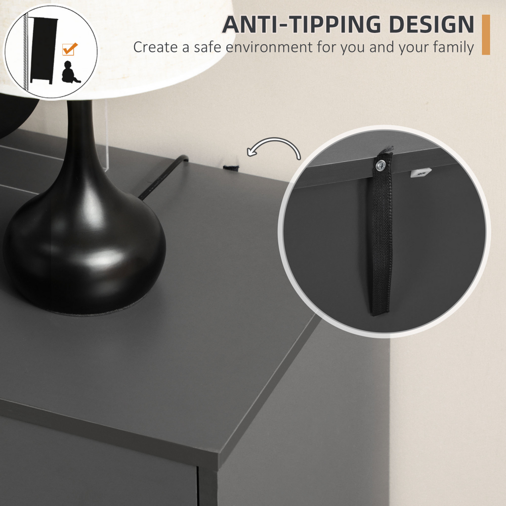 Dark grey HOMCOM sideboard kitchen cupboard with 2 cupboards, 3 drawers, and adjustable shelves.