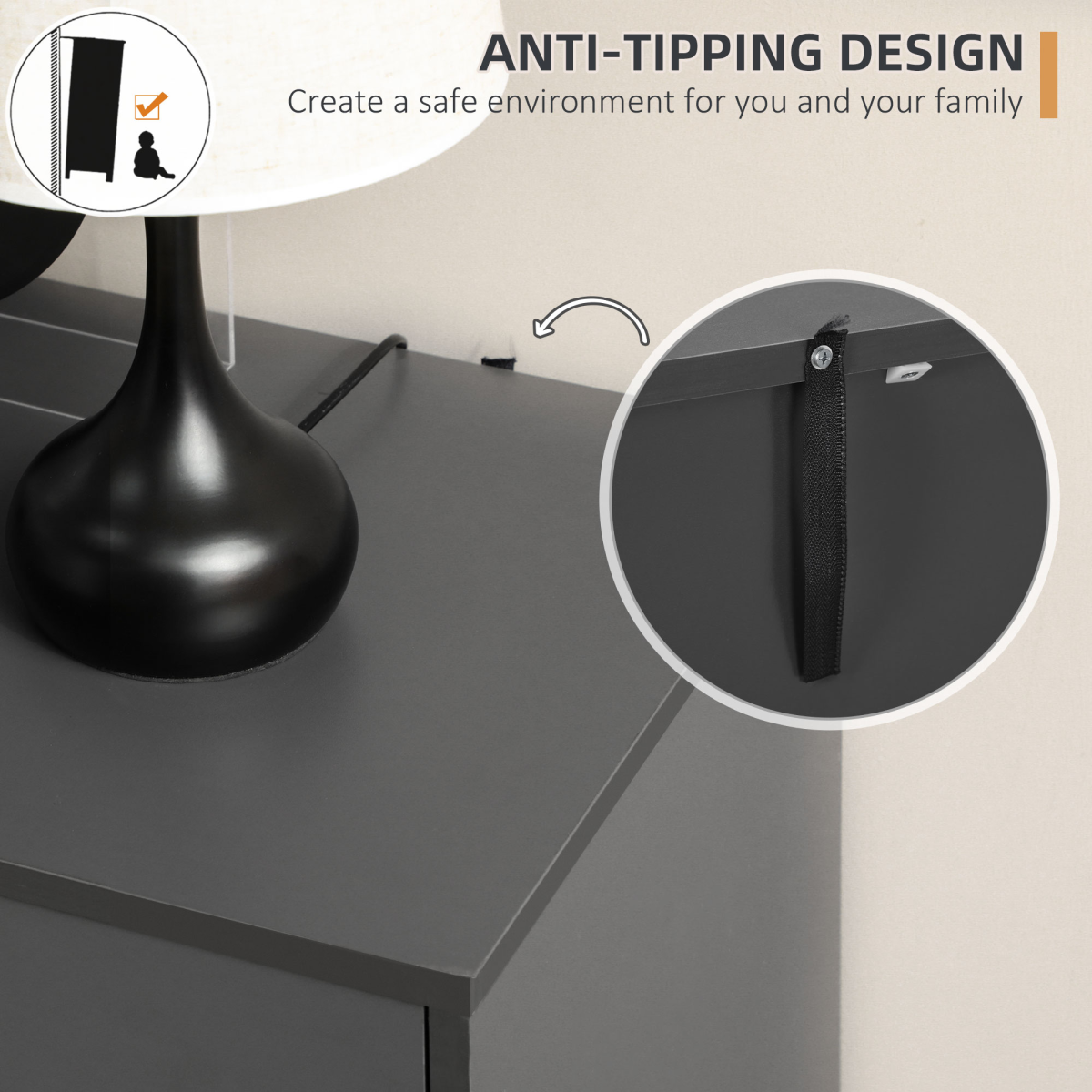 Dark grey HOMCOM sideboard kitchen cupboard with 2 cupboards, 3 drawers, and adjustable shelves.