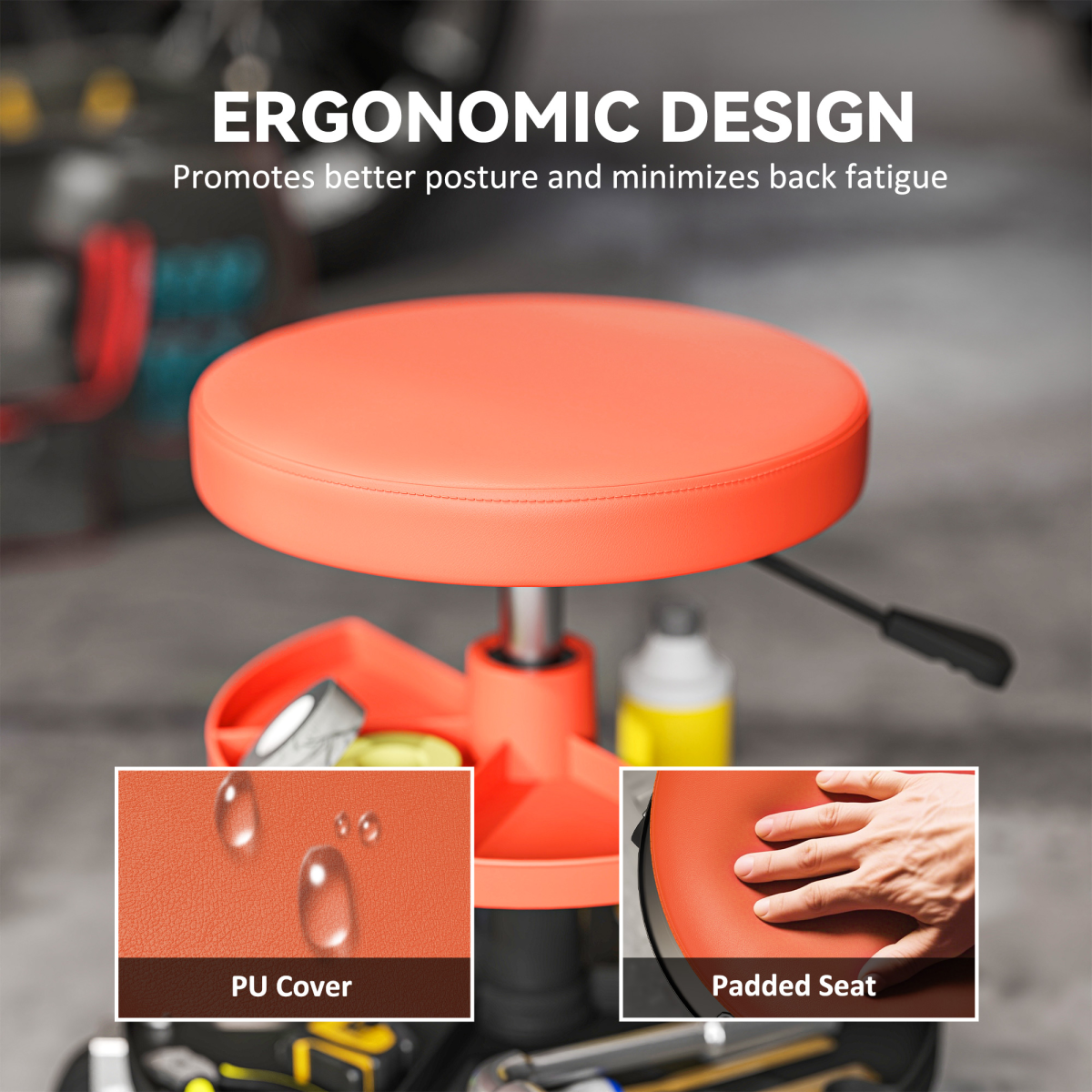 Pneumatic Height-Adjustable Mechanic Stool with Dual-Tier Trays - 135kg - Yellow
