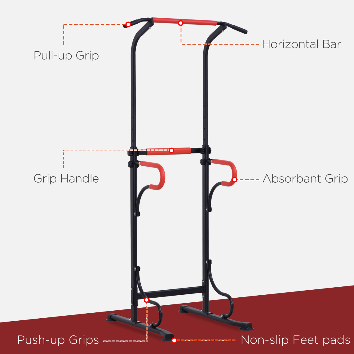 Steel multi-use exercise power tower with adjustable height and grips, featuring a sturdy design for versatile workouts.