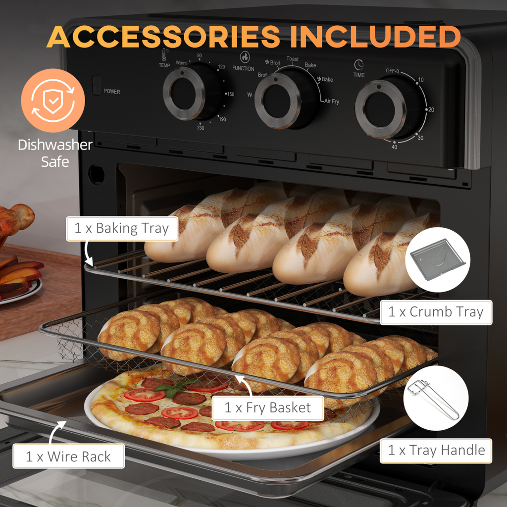 HOMCOM 20L air fryer oven in black with 7 functions and countertop convection design.