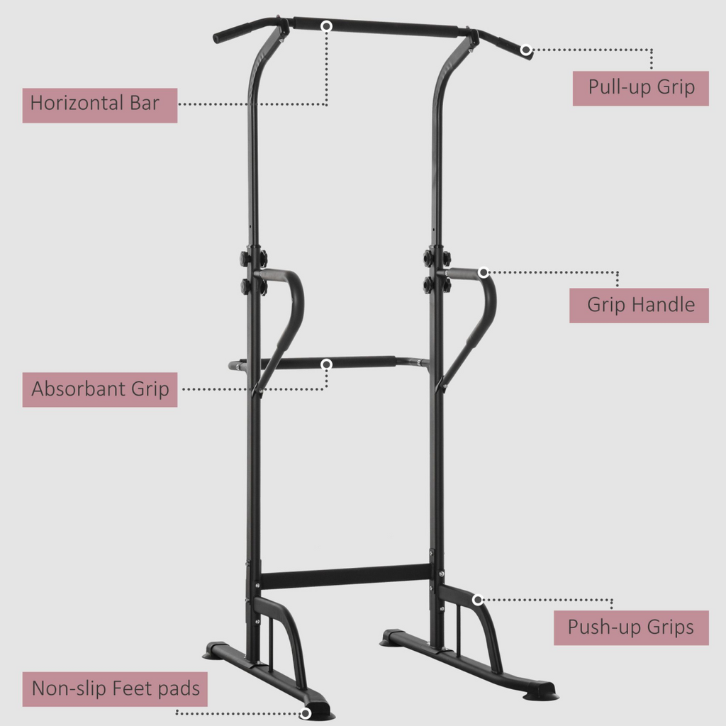 HOMCOM Power Tower Dip Station with pull-up bar and push-up equipment for versatile home gym workouts.
