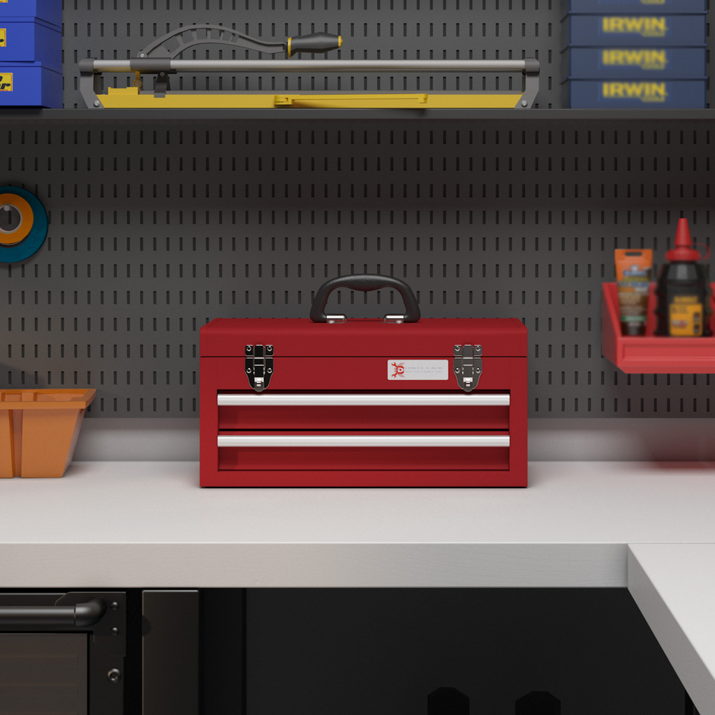 DURHAND red tool chest with two lockable drawers and ball bearing slide for smooth operation. Perfect for home organization.