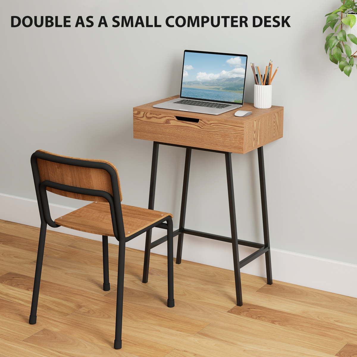 Industrial Vanity Desk with Mirror & Steel Legs - Natural Wood Effect