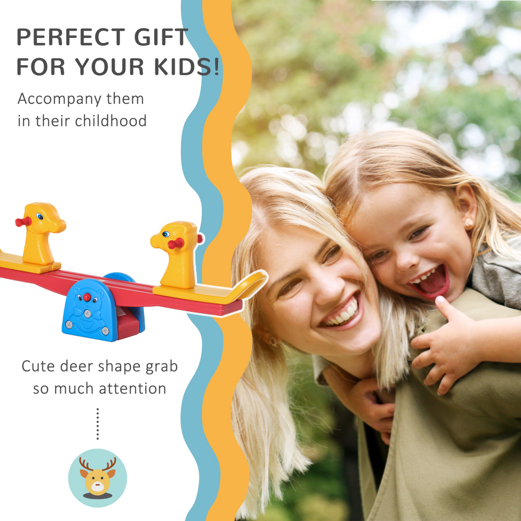 Kids seesaw with two seats and easy-grip handles by HOMCOM, designed for safe outdoor play in a vibrant color.