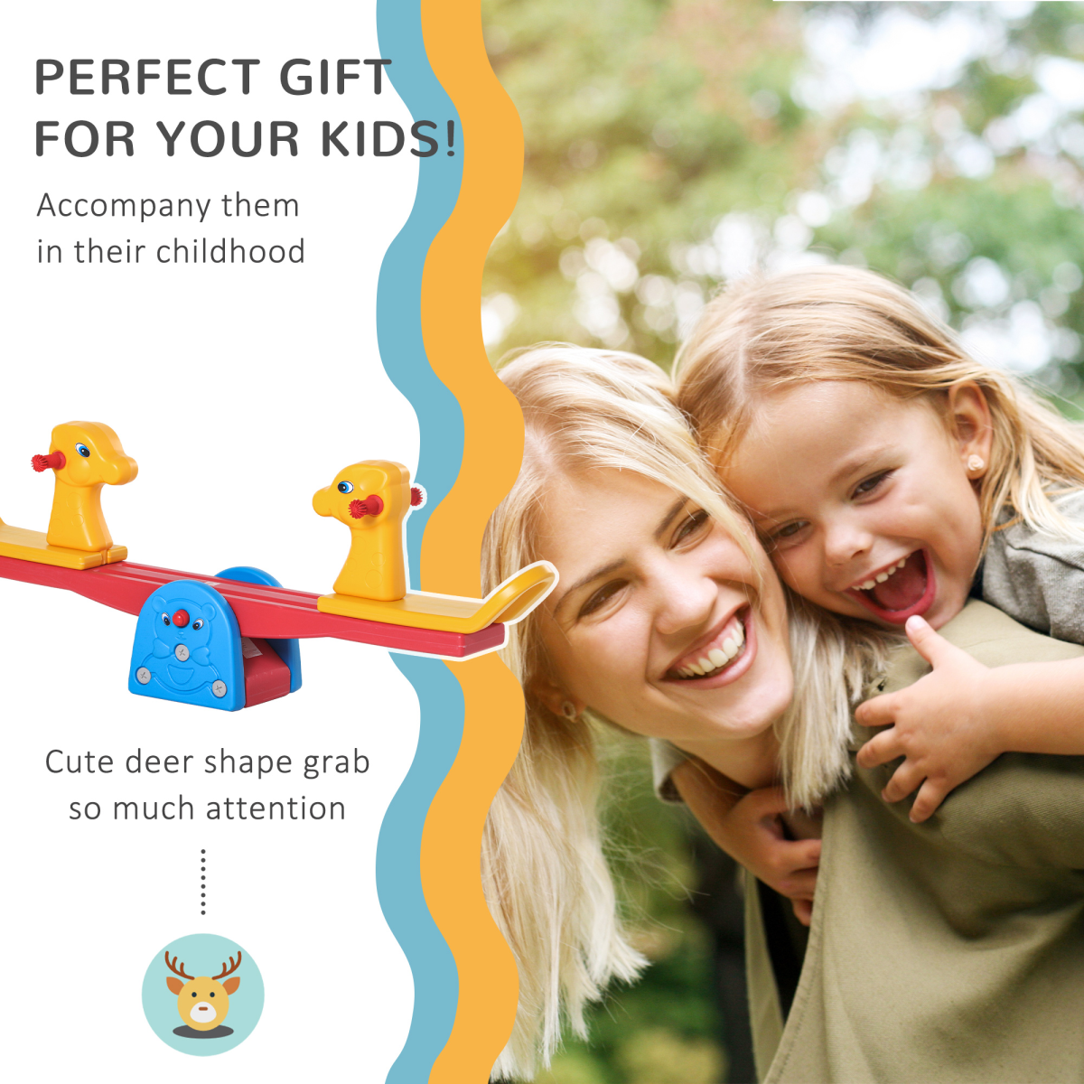 Kids seesaw with two seats and easy-grip handles by HOMCOM, designed for safe outdoor play in a vibrant color.