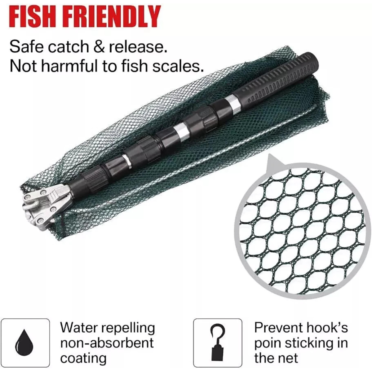 Folding Fishing Pole Landing Net Telescopic  Extending Fly Trout Carp Course Sea