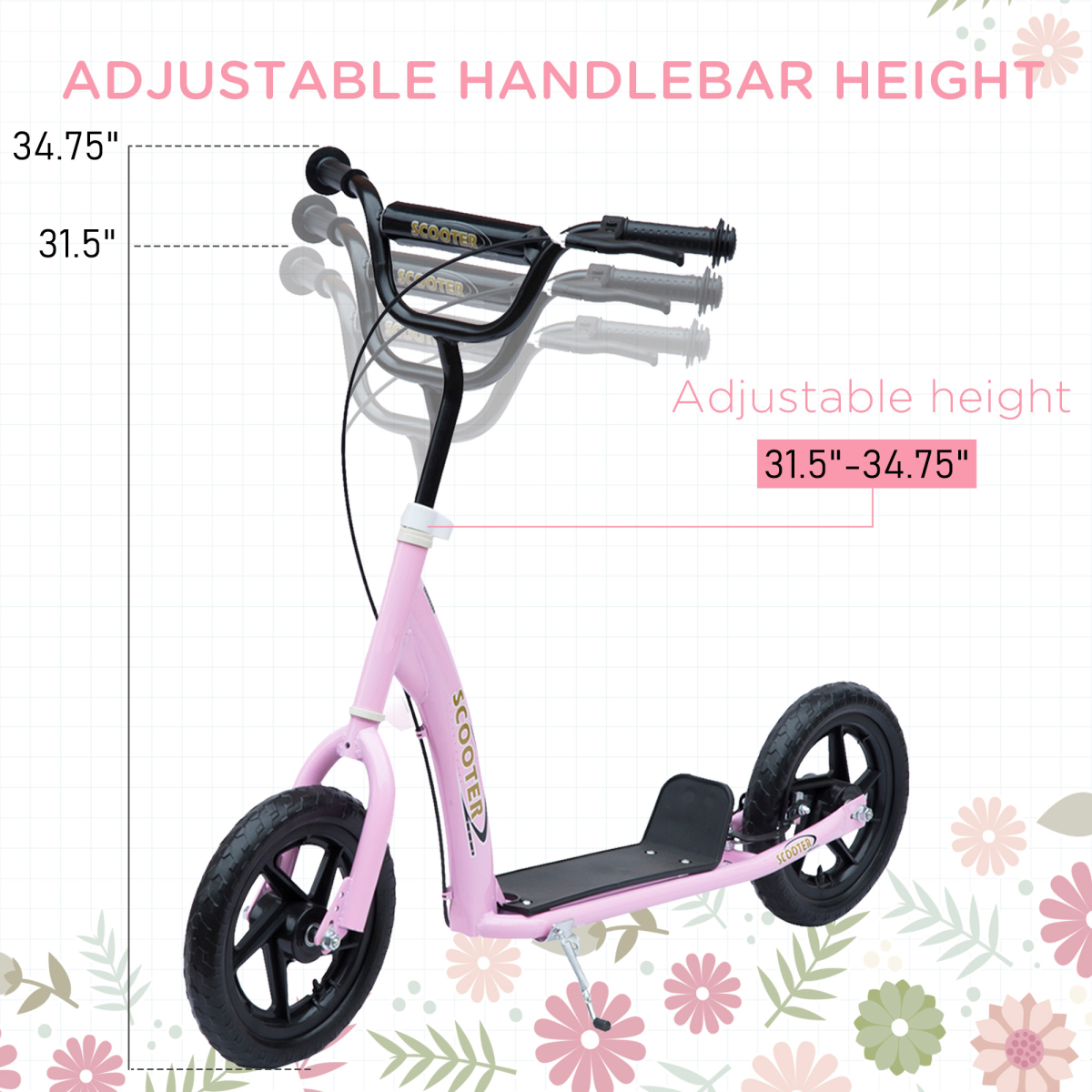 Pink Teen Stunt Scooter with 12" EVA wheels and adjustable height, designed for ages 5 and up.