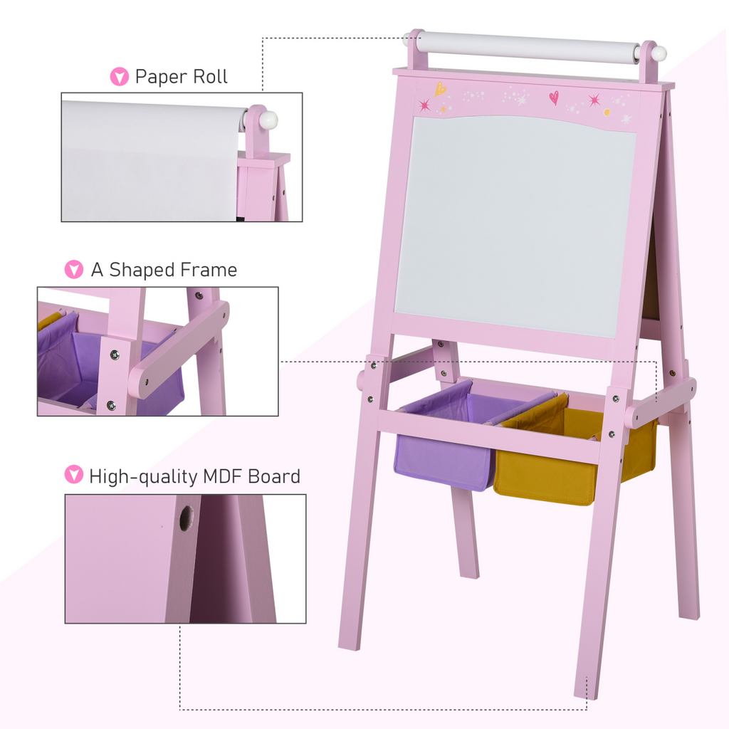 Kids wooden art easel with paper roll and double-sided chalkboard for creative play, from FunZone, suitable for ages 3 and up.