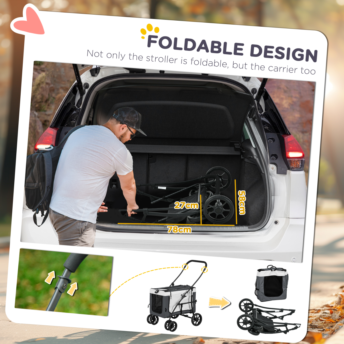 Foldable Pet Stroller with Detachable Carrier & Soft Padding - Grey