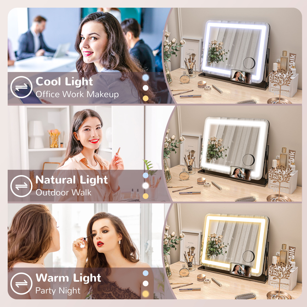 Dimmable Lighted Makeup Mirror with Magnifier & USB Port - 360° Rotation