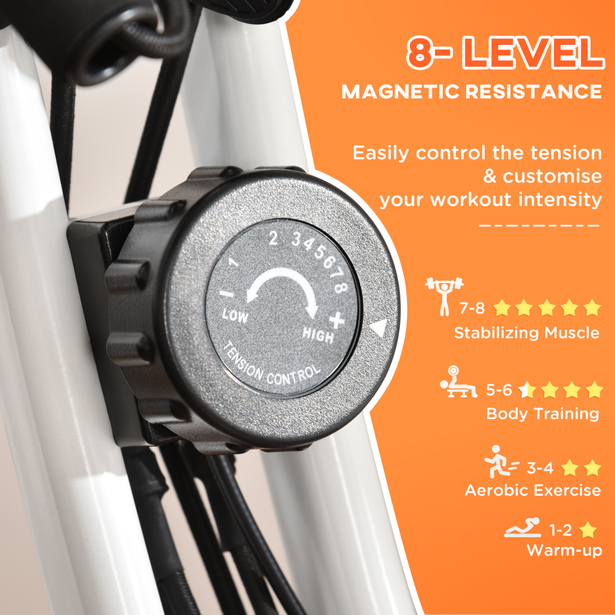 HOMCOM 2-in-1 upright exercise bike in orange with 8-level adjustment and pulse sensor, showing handlebars and seat.
