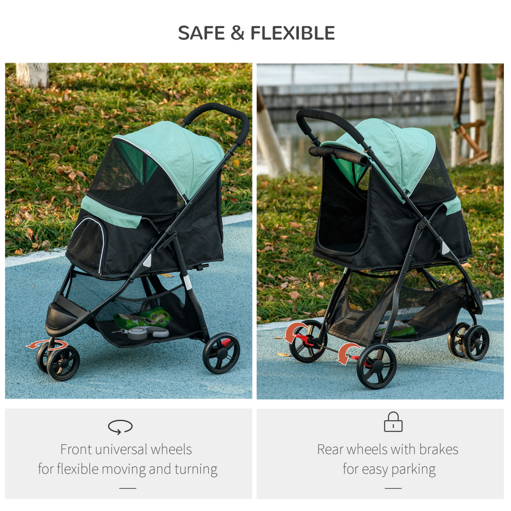 PawHut Dog Stroller for XS Dogs, S Dogs, Cats with Rain Cover - Green
