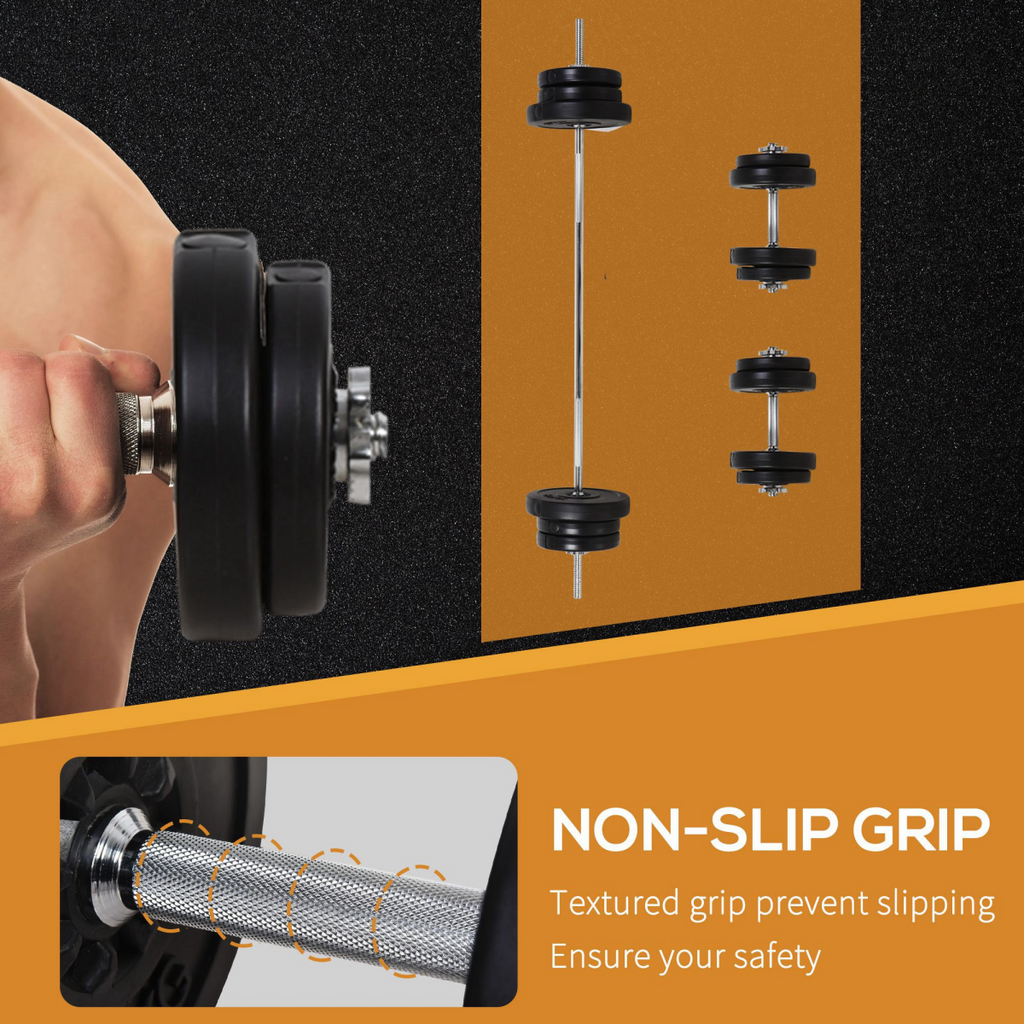 Adjustable 65kg dumbbells and barbell set by HOMCOM, ideal for home gym workouts with various weight options.